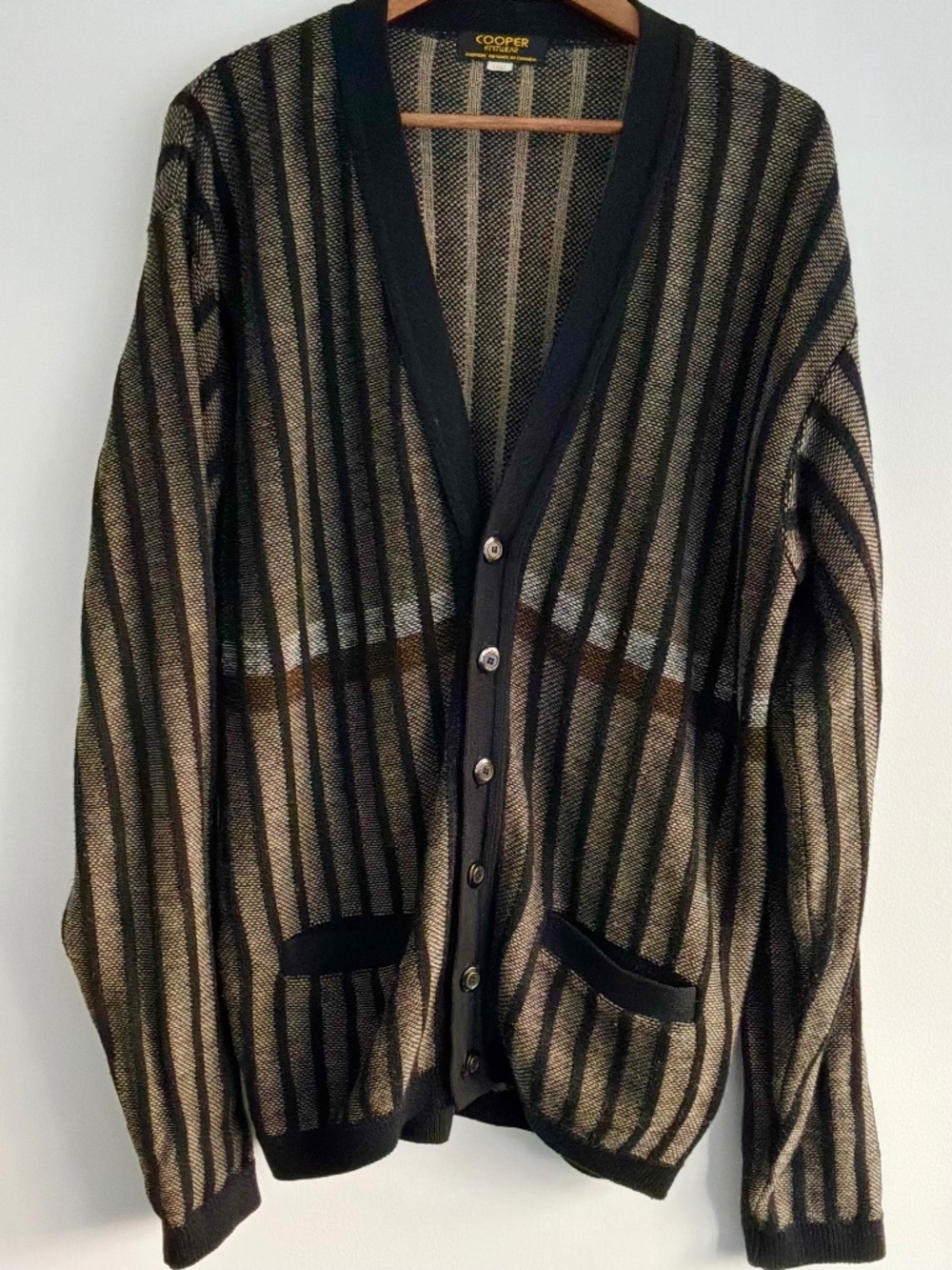Vintage Cooper Knitwear Vertical Striped Wool Blend Cardigan Sweater Large Tall